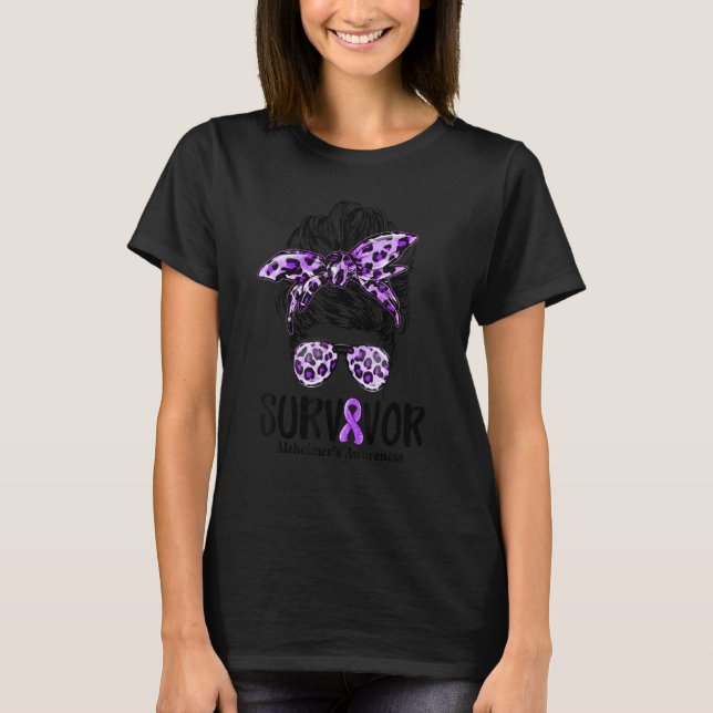 Leopard Messy Bun Women Survivor Alzheimer's Aware T Shirt (Framsida)