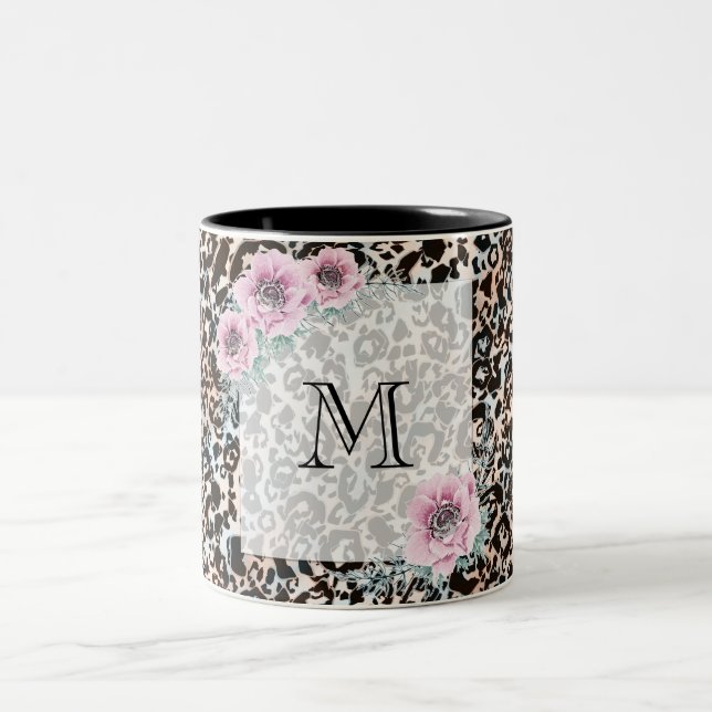 leopard, modern, fläckig, brun, beige, skinn, Två-Tonad mugg (Center)