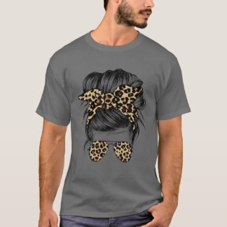 Leopard Mom Messy Bun Hair Sunglasses Headband Wom T Shirt