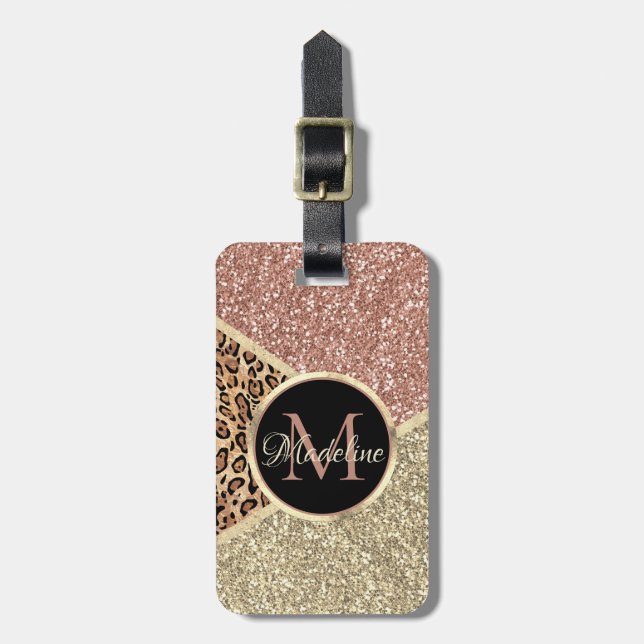 Leopard Monogram, stripe Ro Guld Glitter Bagagebricka (Vertikal Framsida)