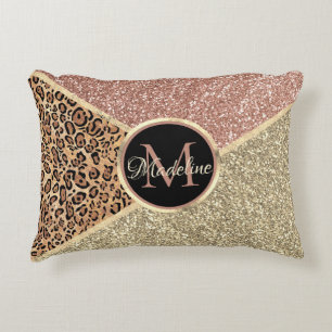 Leopard Monogram, stripe Ro Guld Glitter Prydnadskudde
