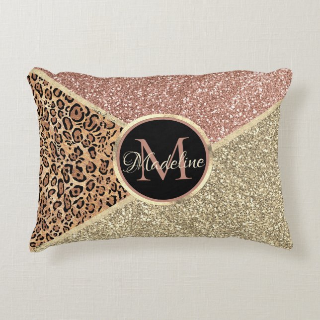 Leopard Monogram, stripe Ro Guld Glitter Prydnadskudde (Framsidan)