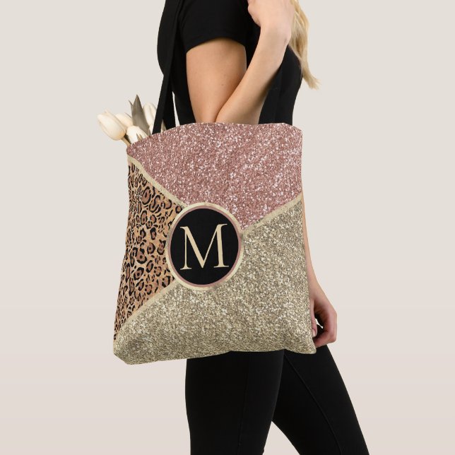 Leopard Monogram, stripe Ro Guld Glitter Tygkasse (Närbild)