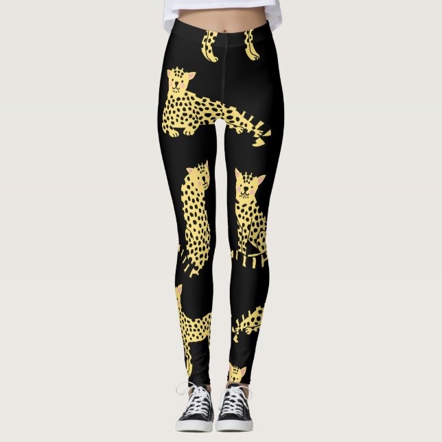 Leopard Mönster: Black Background Cheetah Leggings (Framsida)