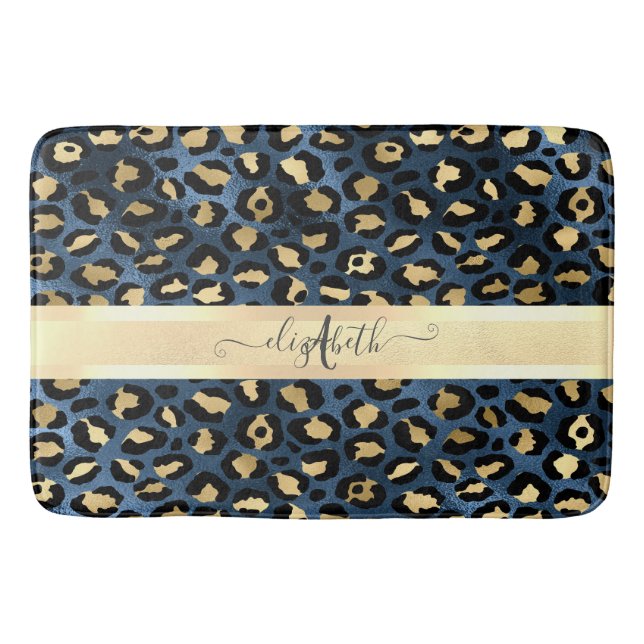 Leopard Mönster Blue Guld Monogram Badrumsmatta (Framsidan)