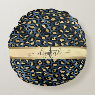 Leopard Mönster Blue Guld Monogram Rund Kudde