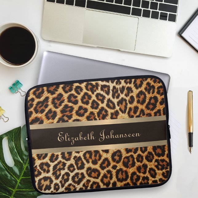 Leopard mönster Brown & Gold Foil Rand glam Namn Laptop Fodral (Skapare uppladdad)