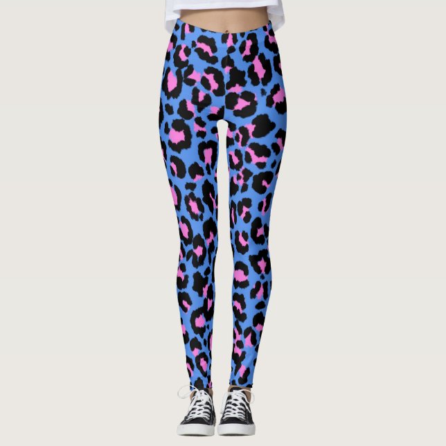 Leopard Mönster i Raspberry på Electric Blue Leggings (Framsida)