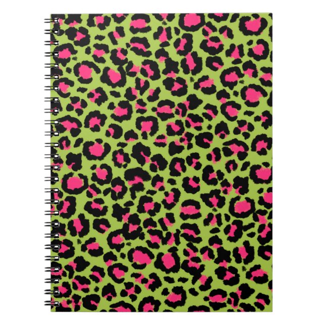 Leopard Mönster i Raspberry på Lime Green Anteckningsbok (Framsidan)