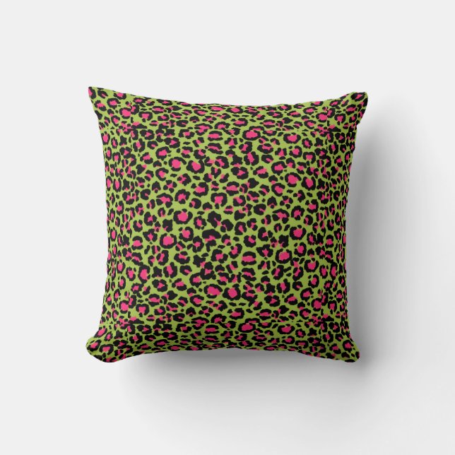 Leopard Mönster i Raspberry på Lime Green Kudde (Framsida)