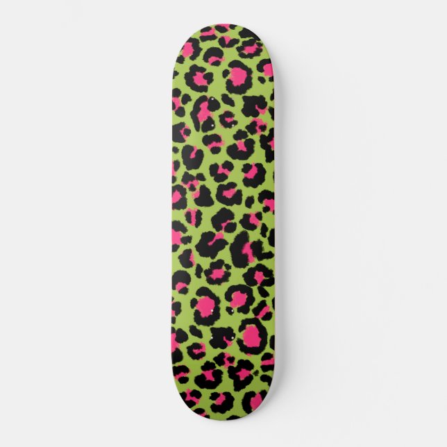Leopard Mönster i Raspberry på Lime Green Mini Skateboard Bräda 18,5 Cm (Framsida)