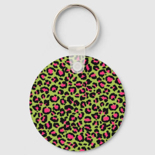 Leopard Mönster i Raspberry på Lime Green Nyckelring