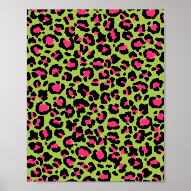 Leopard Mönster i Raspberry på Lime Green Poster (Framsidan)