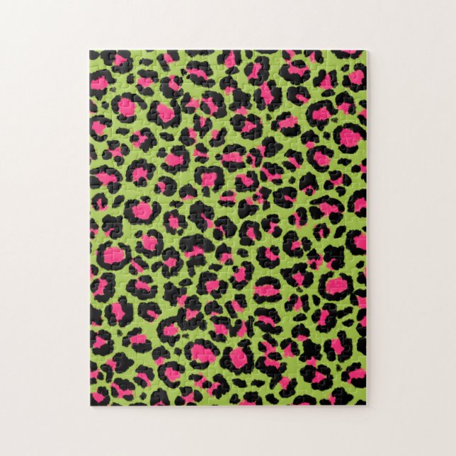 Leopard Mönster i Raspberry på Lime Green Pussel (Vertikal)