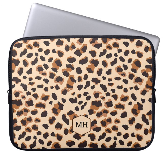 Leopard Mönster Monogram Brown Chic Initialer Laptop Fodral (Framsidan)