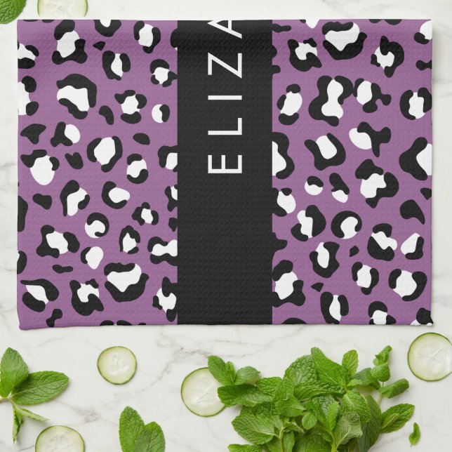 Leopard Mönster, Spots, Lila Leopard, ditt namn Kökshandduk (Vikta)
