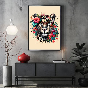 Leopard och Flowers i Poster vattenfärg