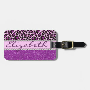 Leopard och glitter för personlig purpurfärgad bagagebricka