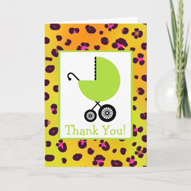 Leopard och Grönt Carriage Baby Shower Tack (Framsida)