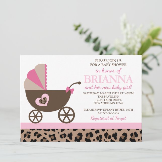 Leopard och Rosa Carriage Baby Shower Inbjudningar (Stående Fram)