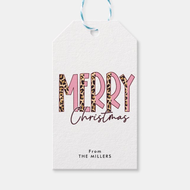 Leopard och Rosa Lettering Mönster God jul Presentetikett (Framsidan)