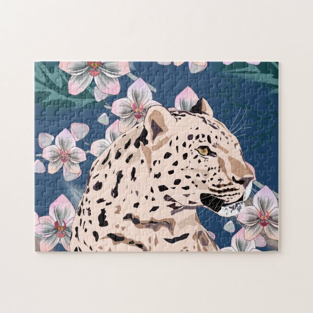 Leopard och rosa Orchid. Pussel (Horisontell)