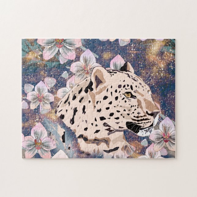 Leopard och rosa Orchid. Pussel (Horisontell)