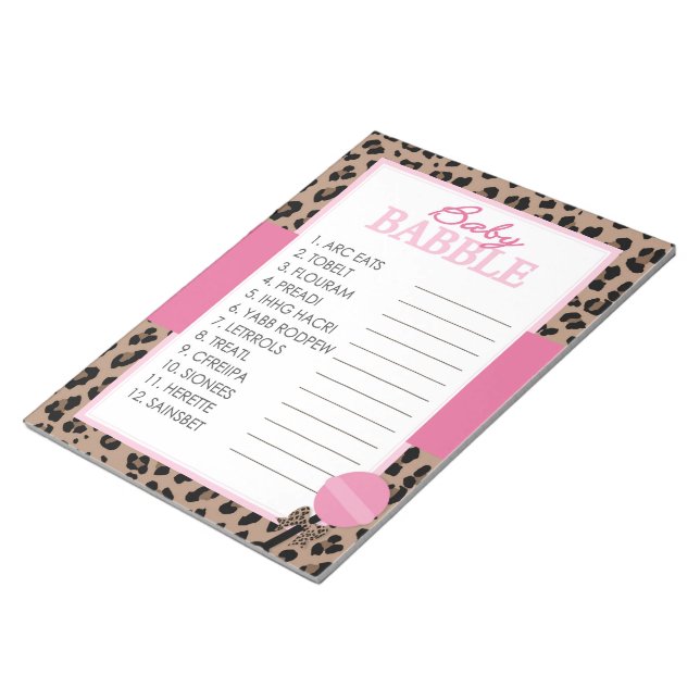 Leopard- och Rosa Ord Unscramble Baby Shower-spel Anteckningsblock (Vinklad)