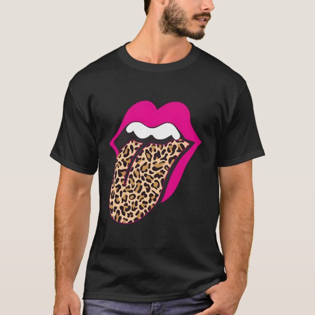 Leopard och Shock rosa lip Tunga T Shirt (Framsida)