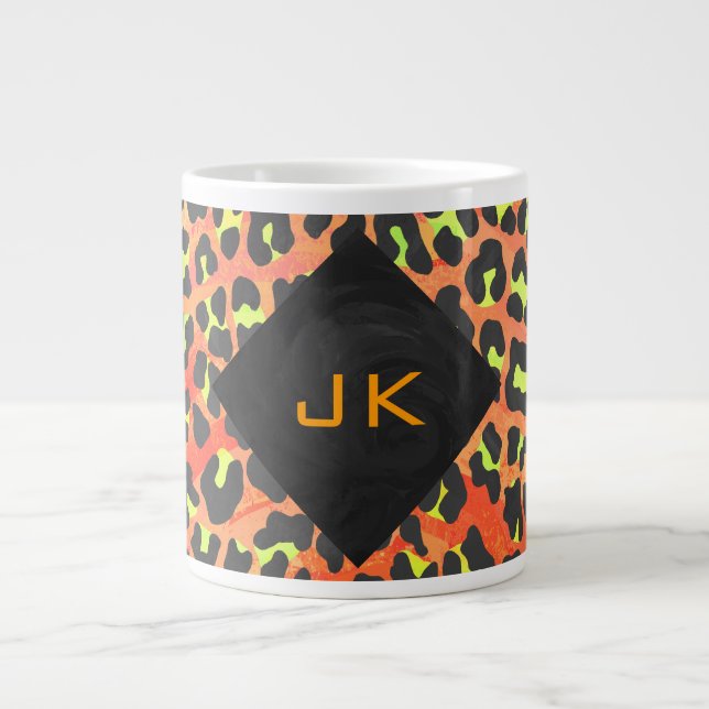 Leopard Orange och Gult Monogram Jumbo Mugg (Framsidan)