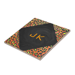 Leopard Orange och Gult Monogram Kakelplatta