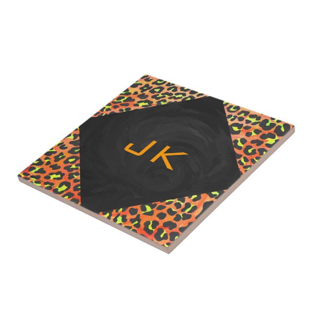 Leopard Orange och Gult Monogram Kakelplatta (Sidan)