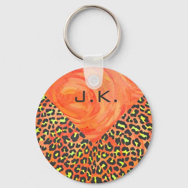 Leopard Orange och Gult Monogram Nyckelring (Framsida)