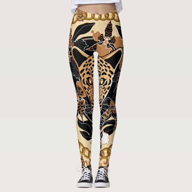 Leopard Orchids Tropical Seamless Mönster Leggings (Framsida)