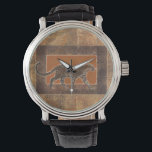Leopard på Orange och Brown Background Armbandsur<br><div class="desc">Norman Wyatt har en fantastisk konstsamling som fångar djurens skönhet. Bakgrunden är Afrika,  med vassa orangar och ,  och teckningen av en leopard ovanpå blandas perfekt med den. Njut av naturens bästa med den här bilden idag.</div>