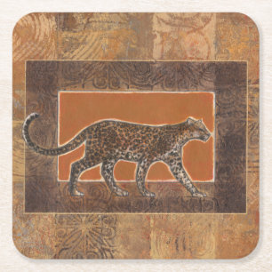 Leopard på Orange och Brown-bakgrund Underlägg Papper Kvadrat