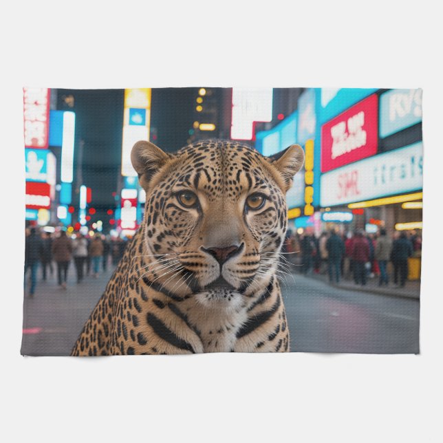 Leopard på Times Square Kökshandduk (Horisontell)