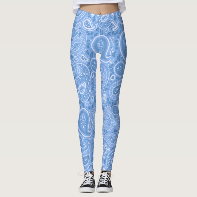 Leopard Paisley Seamless Mönster Blue elegant Yoga Leggings (Framsida)