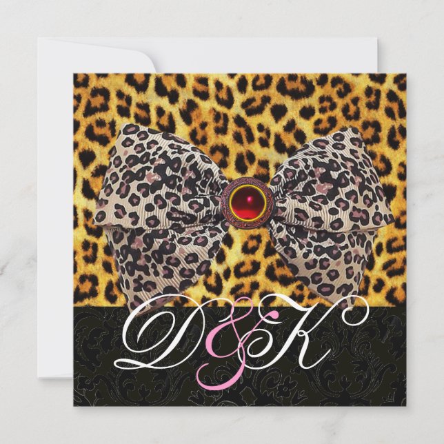LEOPARD PÄLSBAU, RÖD RUBIN OCH SVART DAMAST-MONOGR INBJUDNINGAR (Framsida)