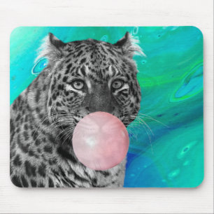 Leopard Panther Svart Vit Rosa Bubble Gum Blå Musmatta