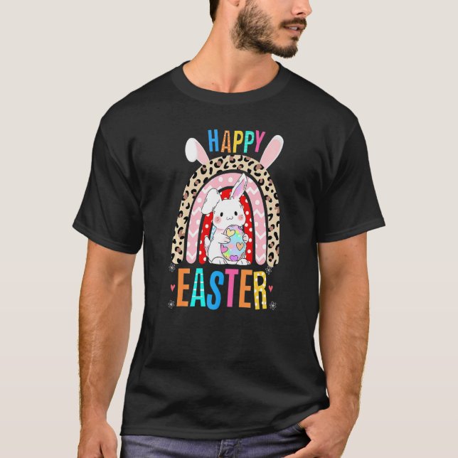 Leopard Påsk Rainbow Bunny Rabbit Trio Cute Happ T Shirt (Framsida)