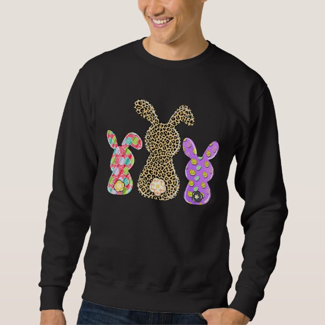 Leopard Påskägg Bunny Rabbit Trio Cute Womens Lång Ärmad Tröja (Framsida)