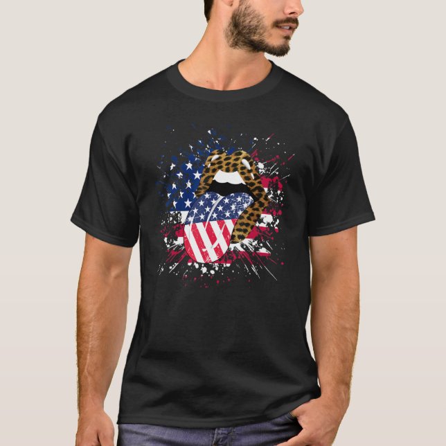 Leopard Patriotic Läppar American Flagga 4 juli T Shirt (Framsida)