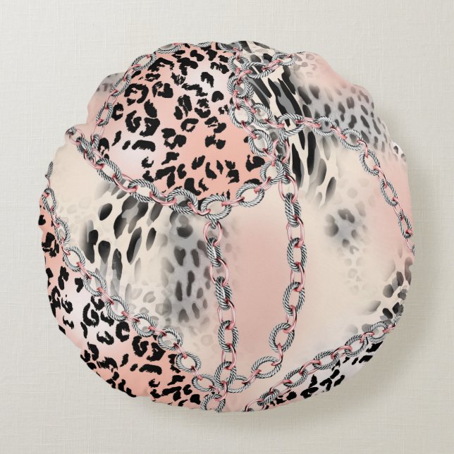 Leopard pattern, flowers, chain, roses rund kudde (Framsidan)