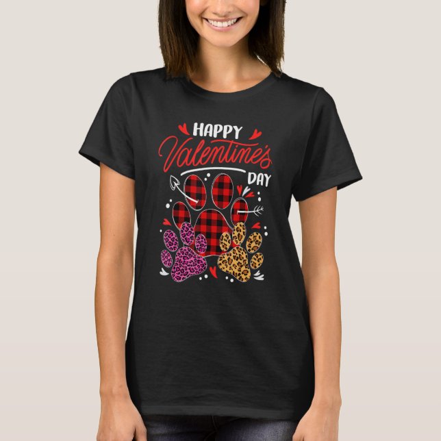 Leopard Plaid Dog Cat Paw Print Happy Valentines D T Shirt (Framsida)