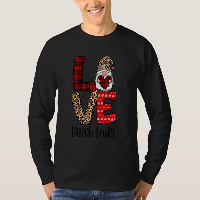 Leopard Plaid Gnome Heart LOVE Lunch Lady Valentin T Shirt (Framsida)