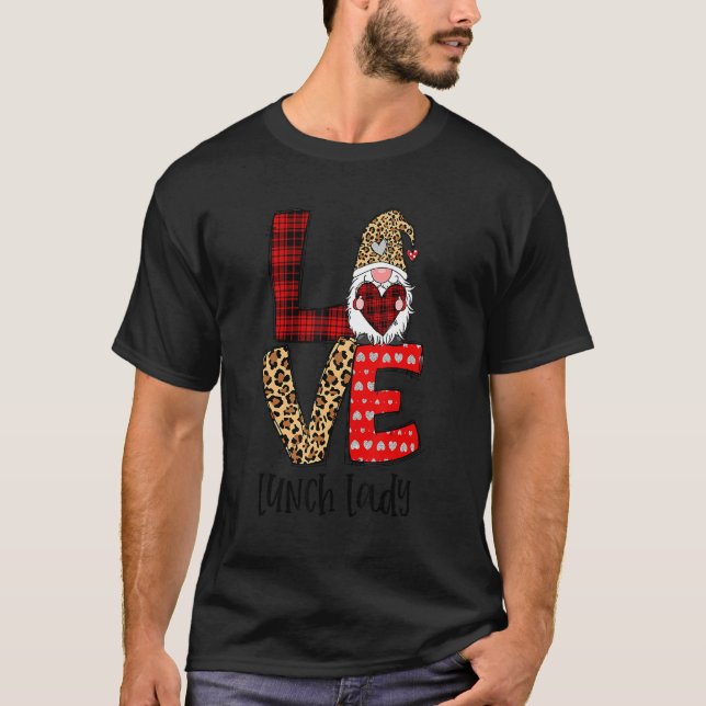 Leopard Plaid Gnome Heart LOVE Lunch Lady Valentin T Shirt (Framsida)
