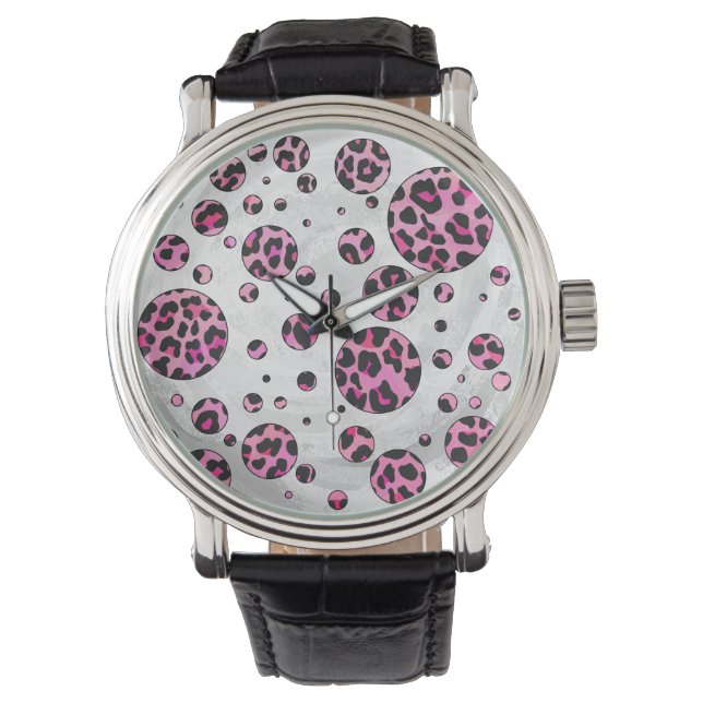 Leopard Polka Dot Black and Shock rosa Print Armbandsur (Framsida)