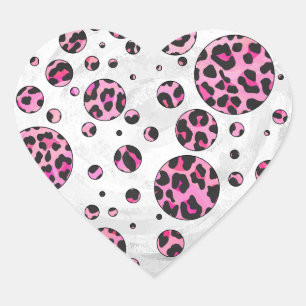 Leopard Polka Dot Black and Shock rosa Print Hjärtformat Klistermärke