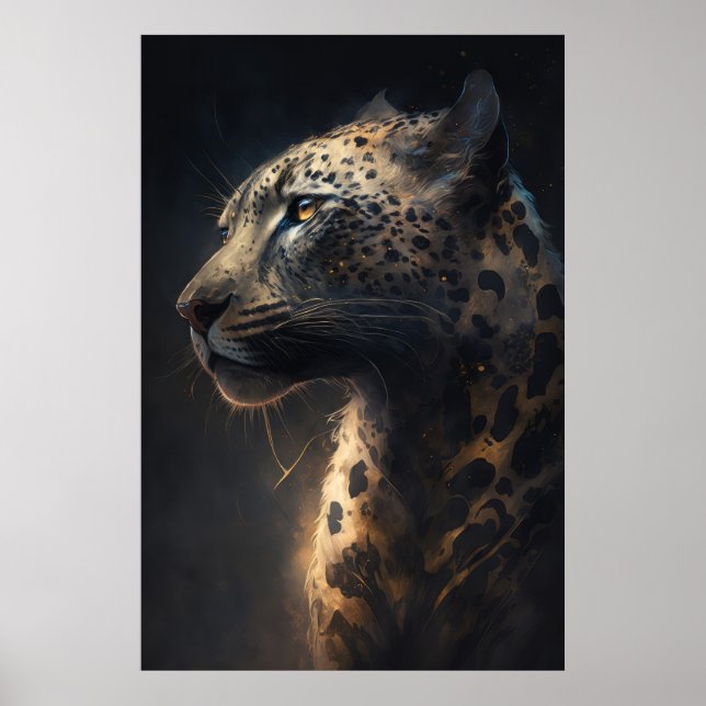 Leopard Porträtt Animal Nature Wildlife Mörk Paint Poster (Framsidan)